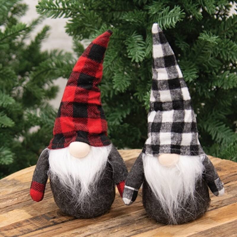 Grey Red Black Sitting Checkered Gnome Decoration with Plaid Hat and Weighted Base, 2 Asstd. - 3 D x 5.5 W x 10 H in