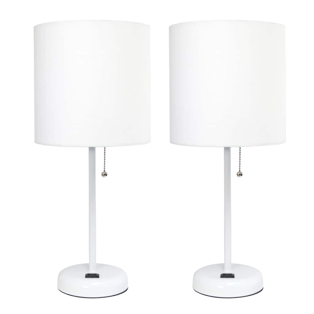 19.5 in. White Finish Table Lamp with White Shade, Durable Stick Lamp for End/Side Tables, Set of 2