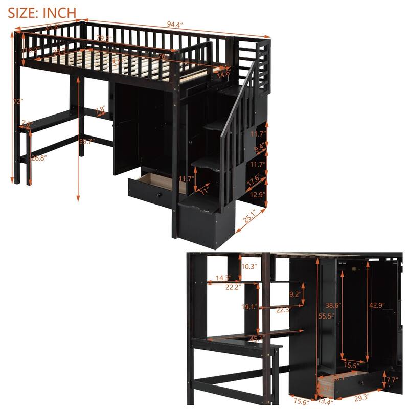 Merax Twin size Loft Bed with Bookshelf,Drawers,Desk,and Wardrobe