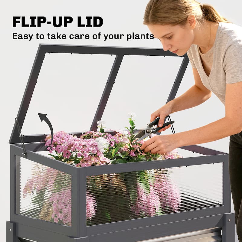 Outsunny Wooden Raised Garden Bed with Flip-Up Greenhouse Top, Raised Garden Bed with Legs and Bed Liner
