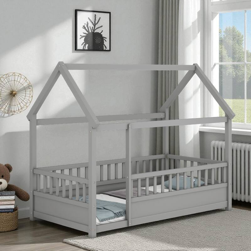 Twin/Full Wooden House Frame Floor Bed with Fence Guardrails, Montessori Style Kids Bed, Pine Wood Low Profile Design - Grey - Twin