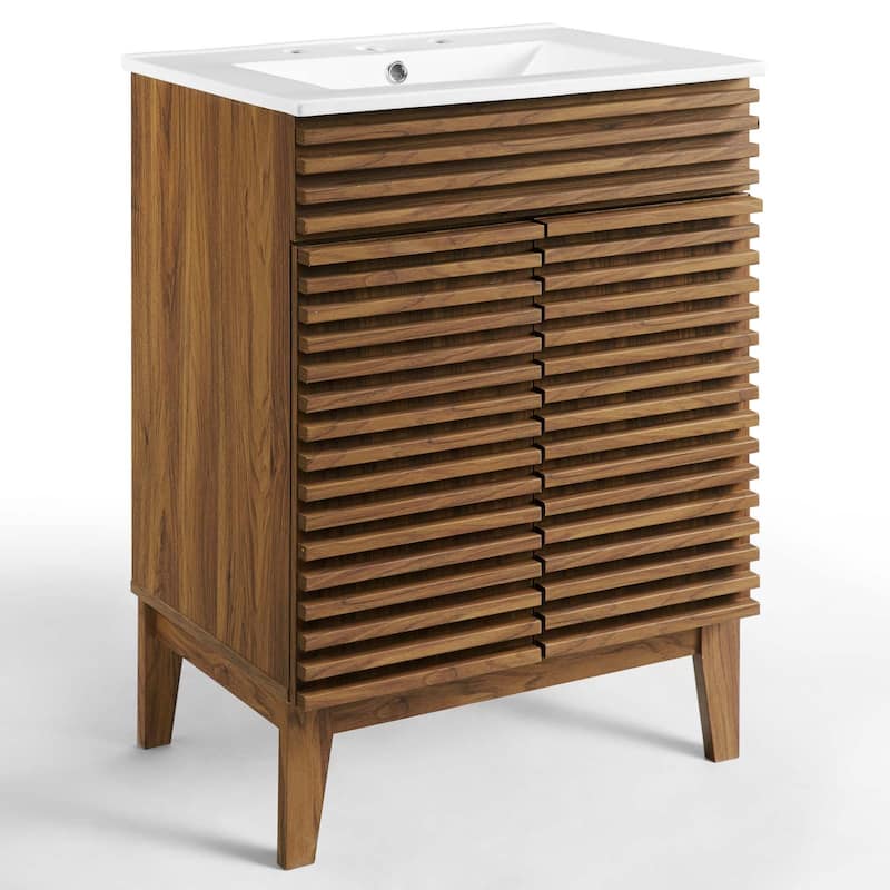 Render 24 Inch Mid-Century Bathroom Vanity With Sink in Walnut White