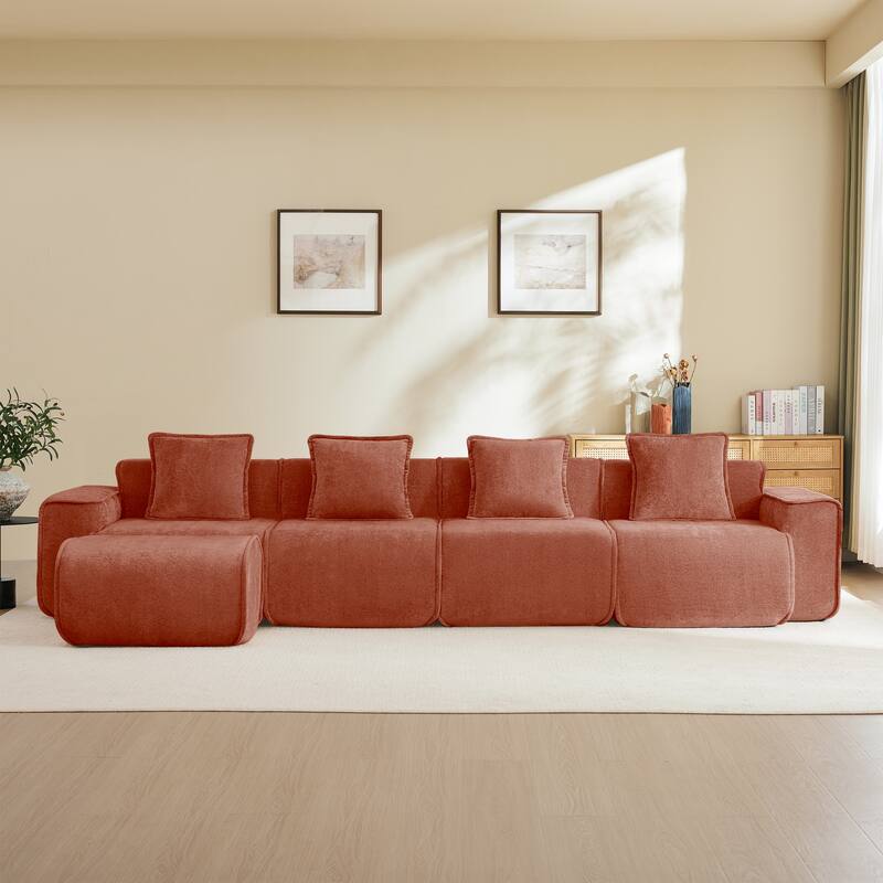 GDFStudio - Velvet Streamlined Modular 4-Seater 138.58" L-Shaped Sectional Sofa with Ottoman