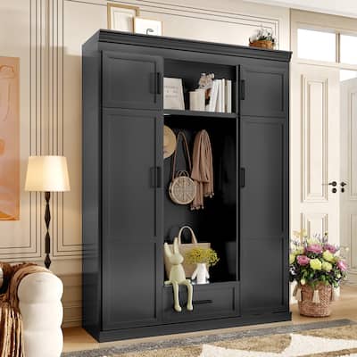 85.2" Hall Tree with Bench and 3 Hooks, Modern Entryway Storage Organizer Cabinet with 4 Doors