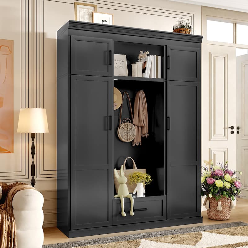 85.2''H Hall Tree with Bench and 3 Hooks, Modern Entryway Storage Organizer Cabinet with 4 Doors,1 Drawer and Adjustable Shelves