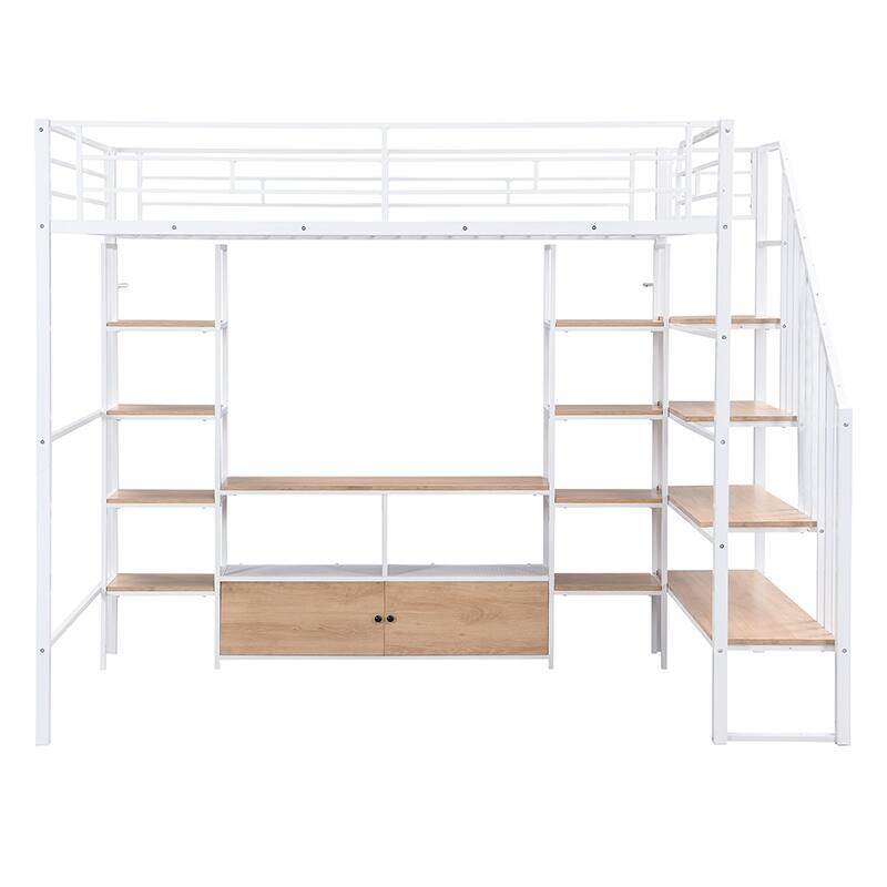 Full Size Metal Loft Bed with Storage Staircase & Work Table (250lb Capacity)