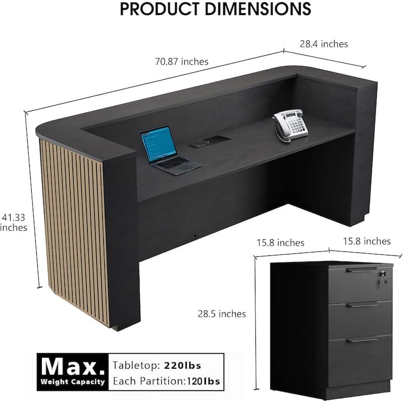 WESOME 70.87in Mid Century Curved Reception Desk with Cable Box LED Light