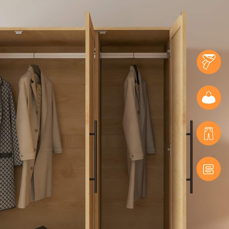 47"W Family 4-Door Wardrobe Armoires Closet 2 Drawer Storage Rattan Style - N/A