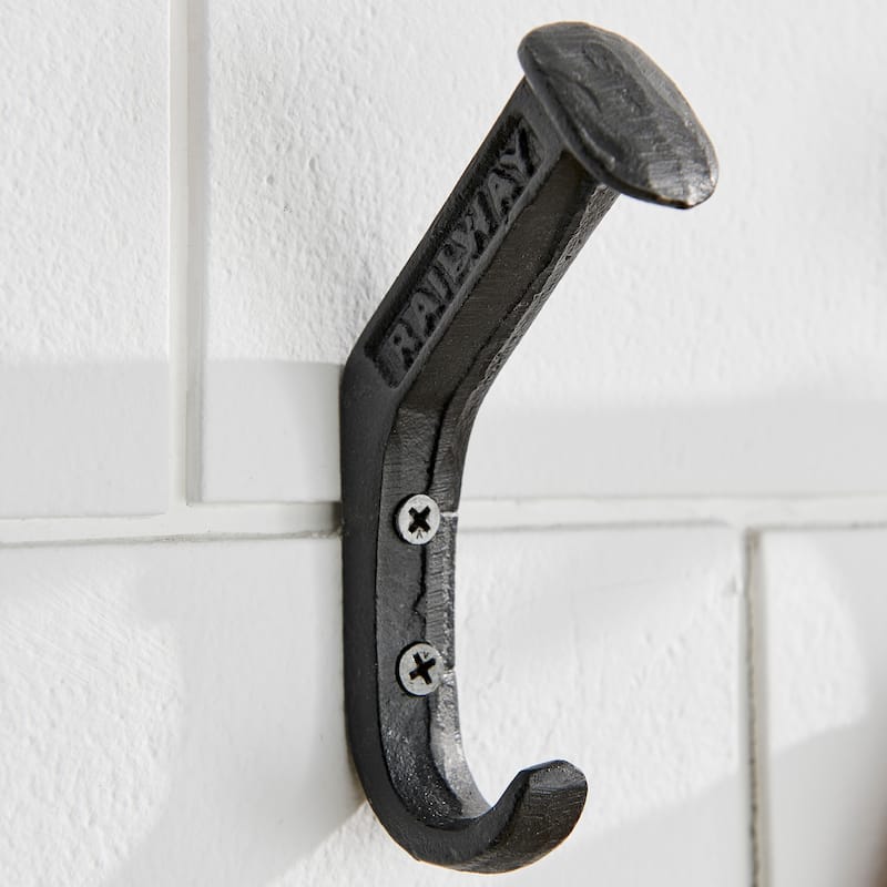 Black Cast Iron Raiway Spike Wall Mount Hook Set (Set of 6)