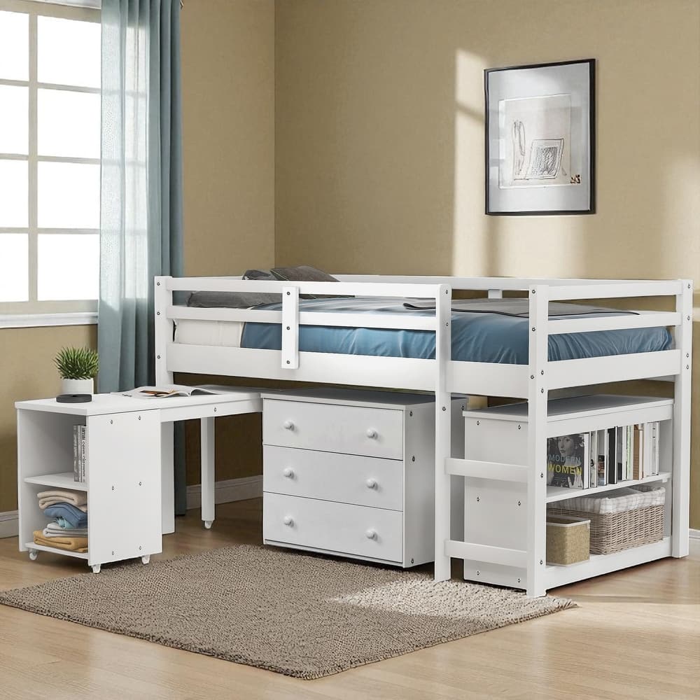 Twin/Full Size Low Loft Bed with Cabinet, Rolling Desk and Bookshelf, Solid Wood Frame for Kids