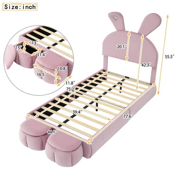 dimension image slide 1 of 2, Twin Size Upholstered Platform Bed with Cartoon Ears Shaped Headboard and Light