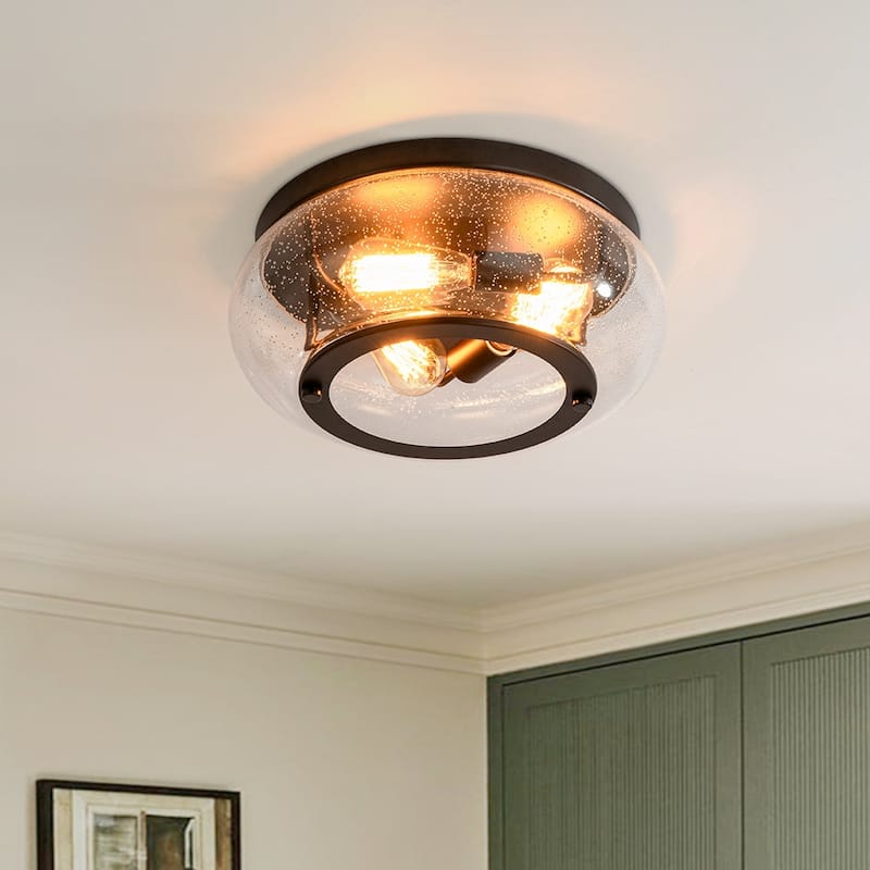 Oil Rubbed Bronze 3-Light Round Glass Flush Mount Ceiling Light - Seeded Glass