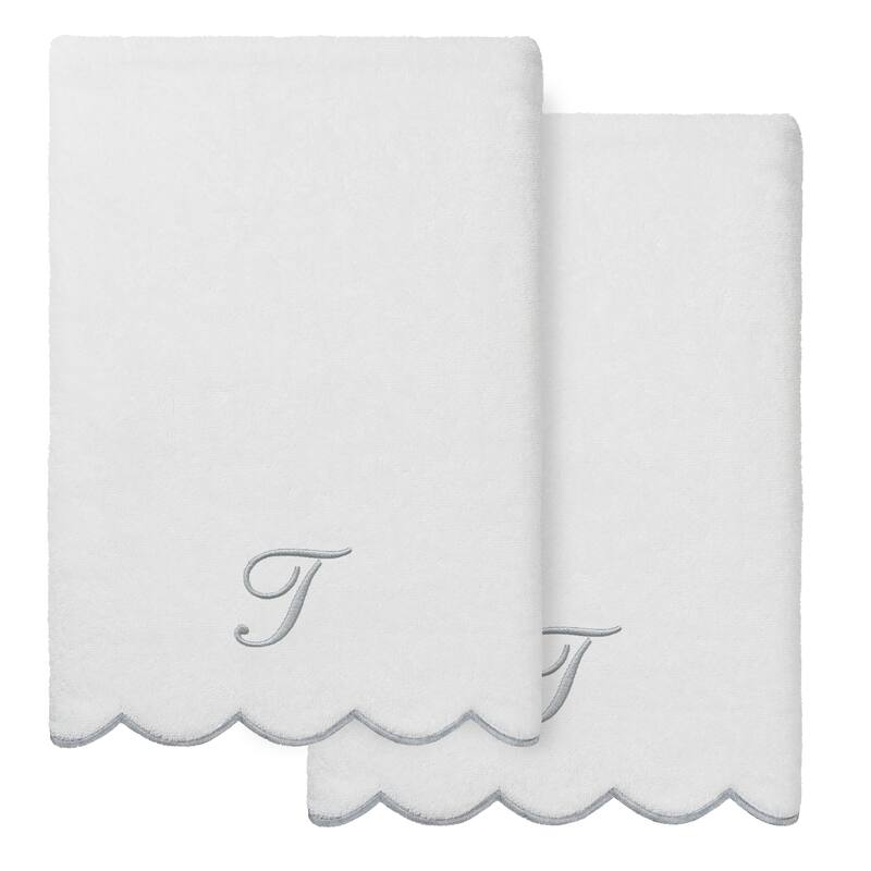 Authentic Hotel and Spa 100% Turkish Cotton Grey ADORNIA Scallop Personalized 2 Piece Bath Towel Set - 2 Bath Towels - T
