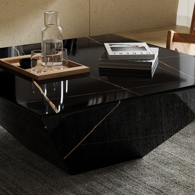 Modern Square Coffee Table, Trapezoid White Sintered Stone Coffee Table, Fully-assembled
