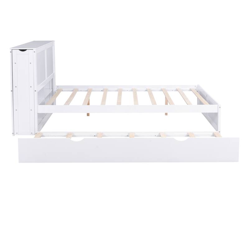 Solid Wood Queen Size Storage Platform Bed with Pull Out Shelves Headboard, Low-Profile Daybed and Trundle for Bedroom/Apartment