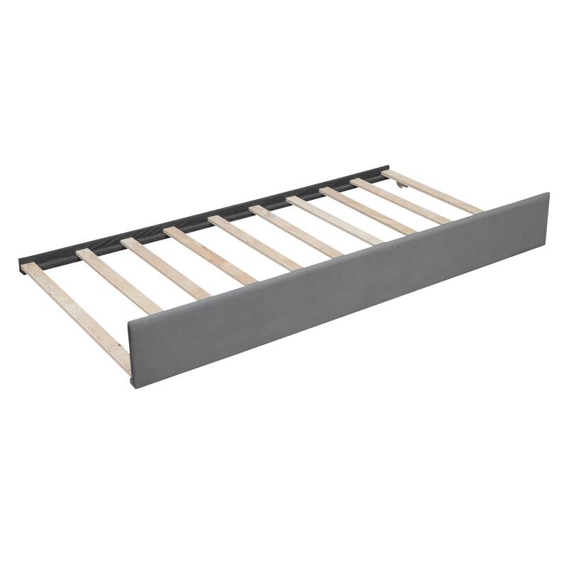 Full Size Upholstered Daybed w/Trundle, Wooden Velvet Fabrics Sofa Bed with Vertical Stripes