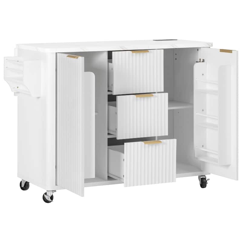 55.5" Fluted Kitchen Island with Drop Leaf and Storage Features Power Outlet and Adjustable Shelves