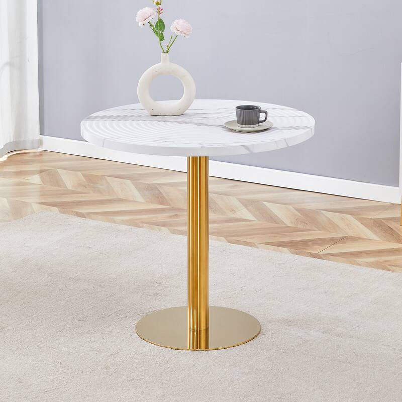 31.5 Inch Elegant White Marble Pattern Round Dining Table - Suction Molding Annular Texture, Durable and Water-Resistant