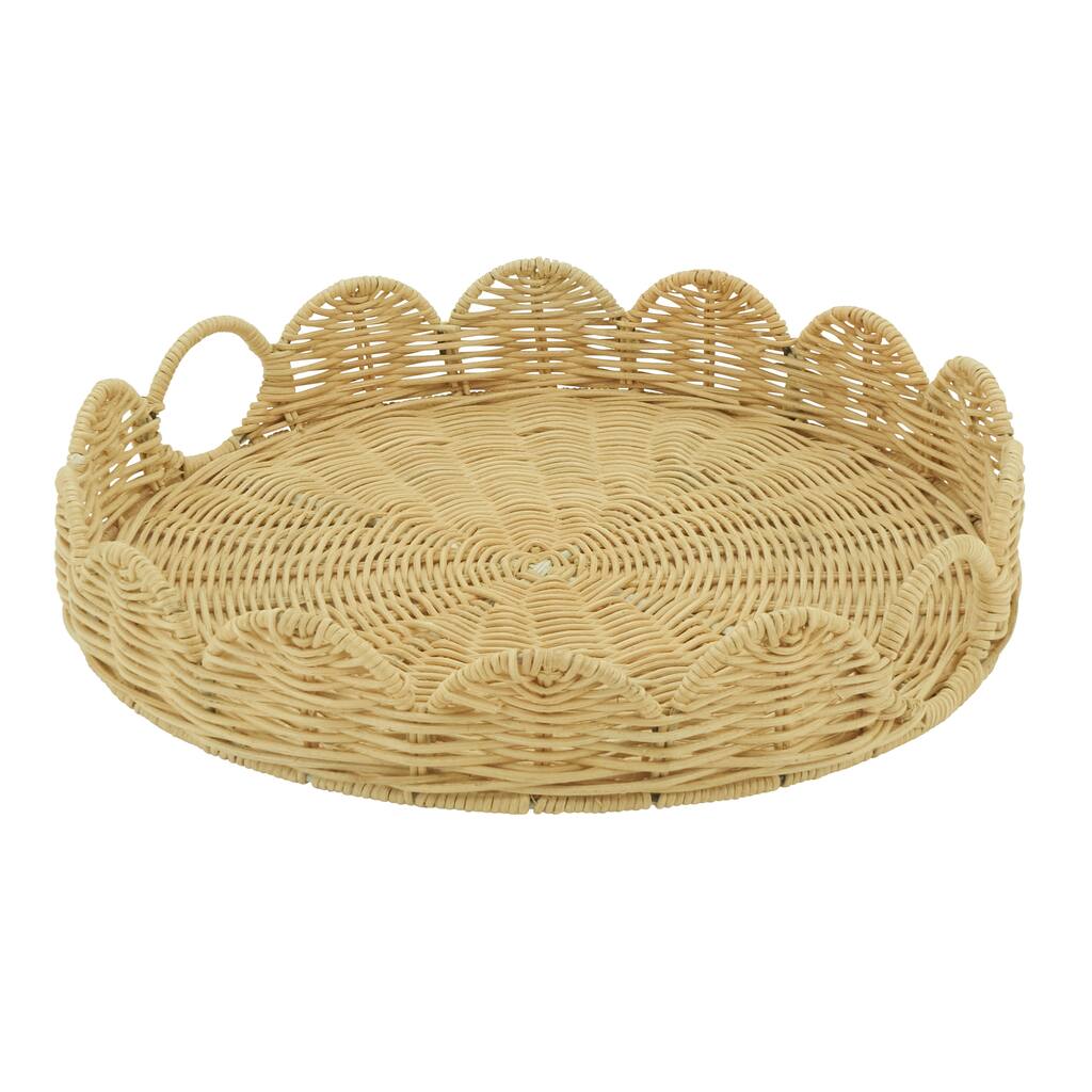 Round Scalloped Rattan Serving Tray with Handles - Handwoven Natural Wicker Decorative Tray for Coffee Table, 14"x3"
