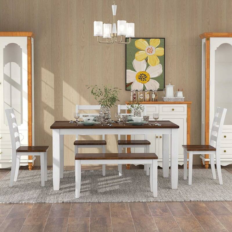 60" Farmhouse Rectangular Dining Table with 4 Upholstered Chairs and Bench - Walnut/Cottage White