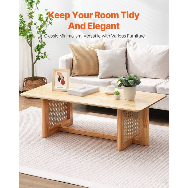 47-Inch Modern Rectangle Rattan Coffee Table with Rubber Wood Top Suitable for Any Small Space - 47.2 x 23.6 x 15.7 in