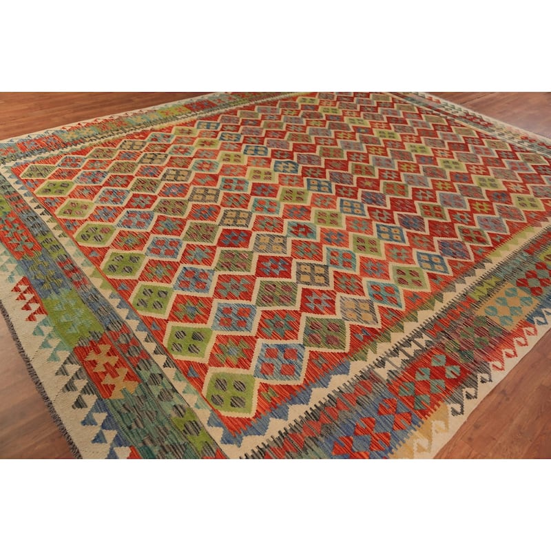 All-Over Trellis Kilim Oriental Area Rug Wool Carpet - 9'8"x 12'10"