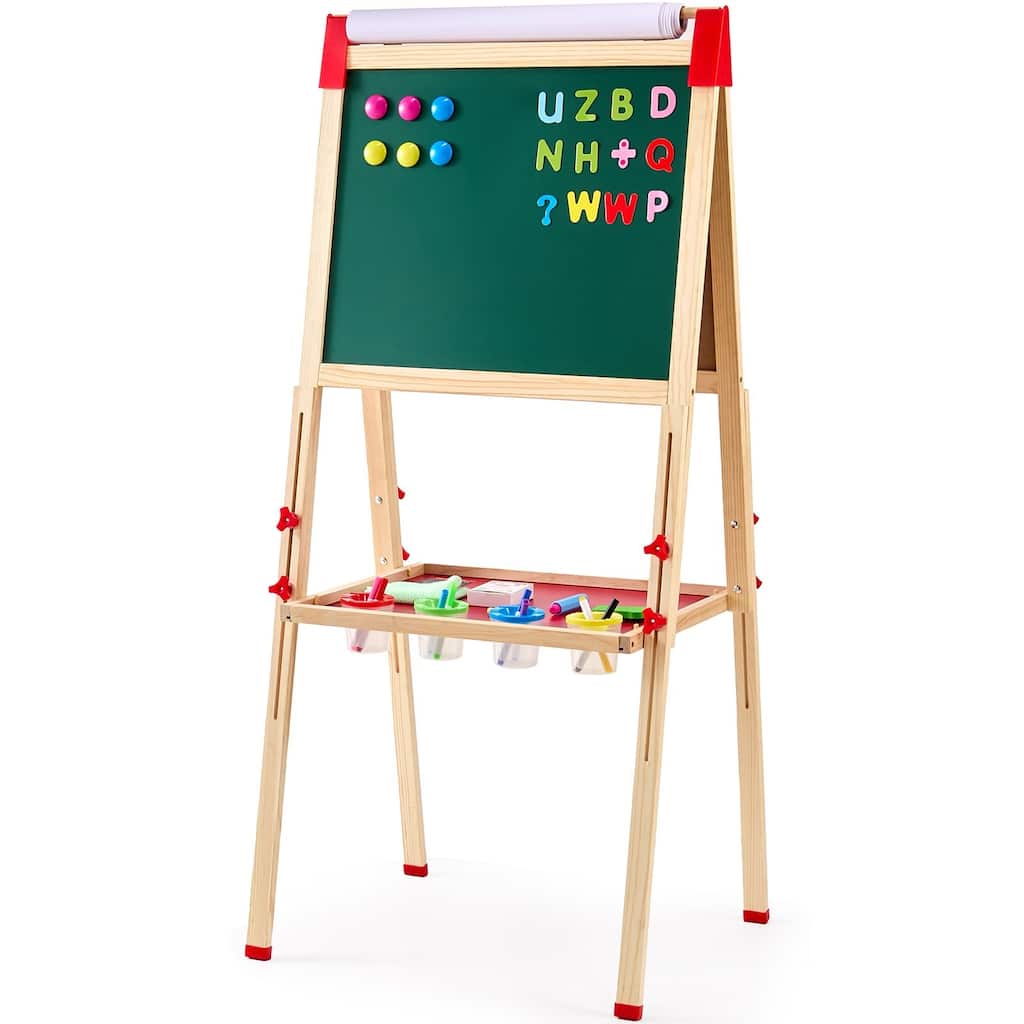 3-in-1 Kids Art Easel with Double Sided Wooden Magnetic Whiteboard and Chalkboard Surface - 21.85"L x 21"W x 53.94"H