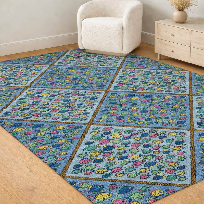 Machine Washable Indoor/ Outdoor Diamond Fish Chantille Rug