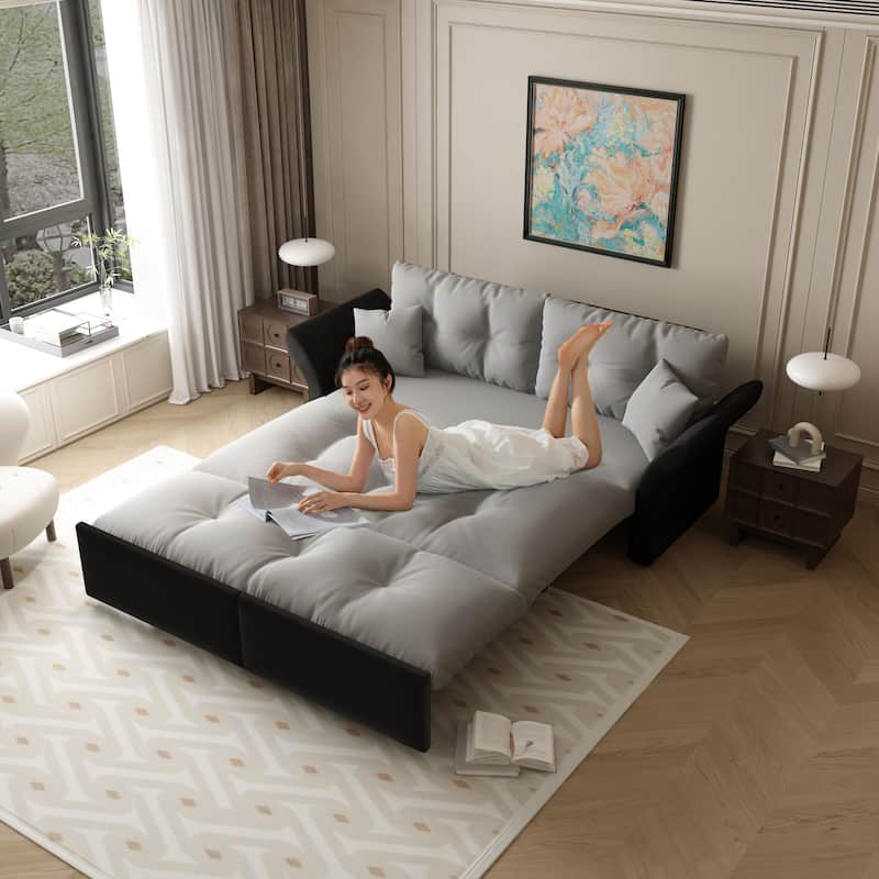 74.8" Queen Pull Velvet Out Sofa Bed, 3-in-1 Convertible Sleeper Tufted Sofa with 2 Soft Pillows-Grey