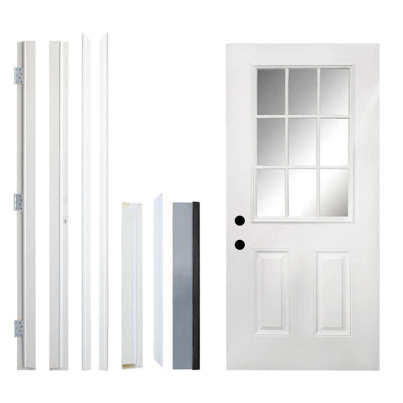 36 x 80 Fiberglass Entry Door with Brickmould, 4-9/16 in.Vinyl Frame,9 Lite Low-E Glass, Right Hand Inswing - White