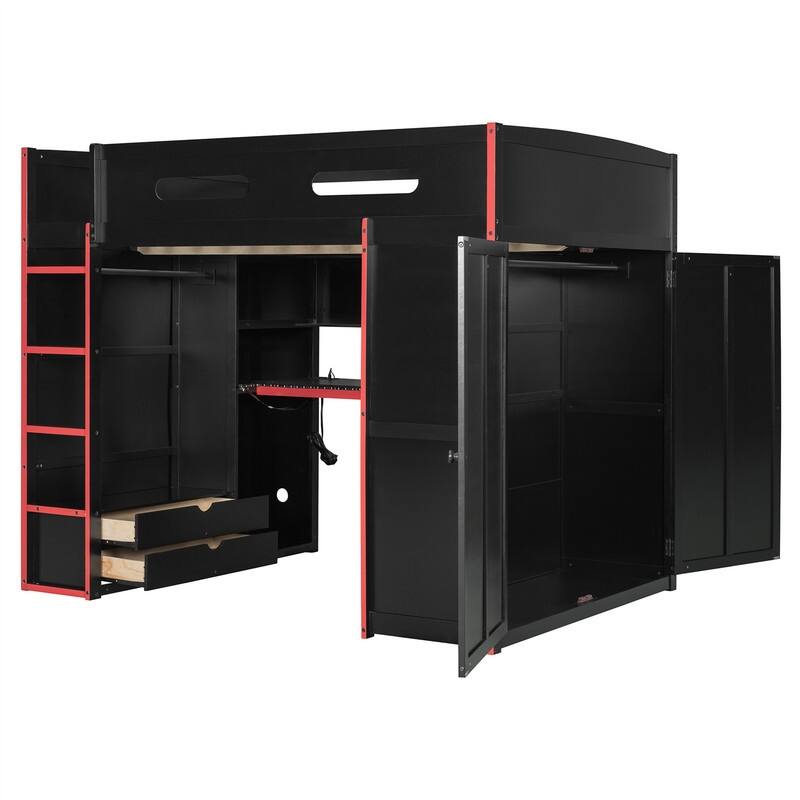 Full Size Gaming Loft Bed with Bulit-in Desk and Wardrobe, Wooden Loft Bedframe with RGB LED Light and Storage Drawers