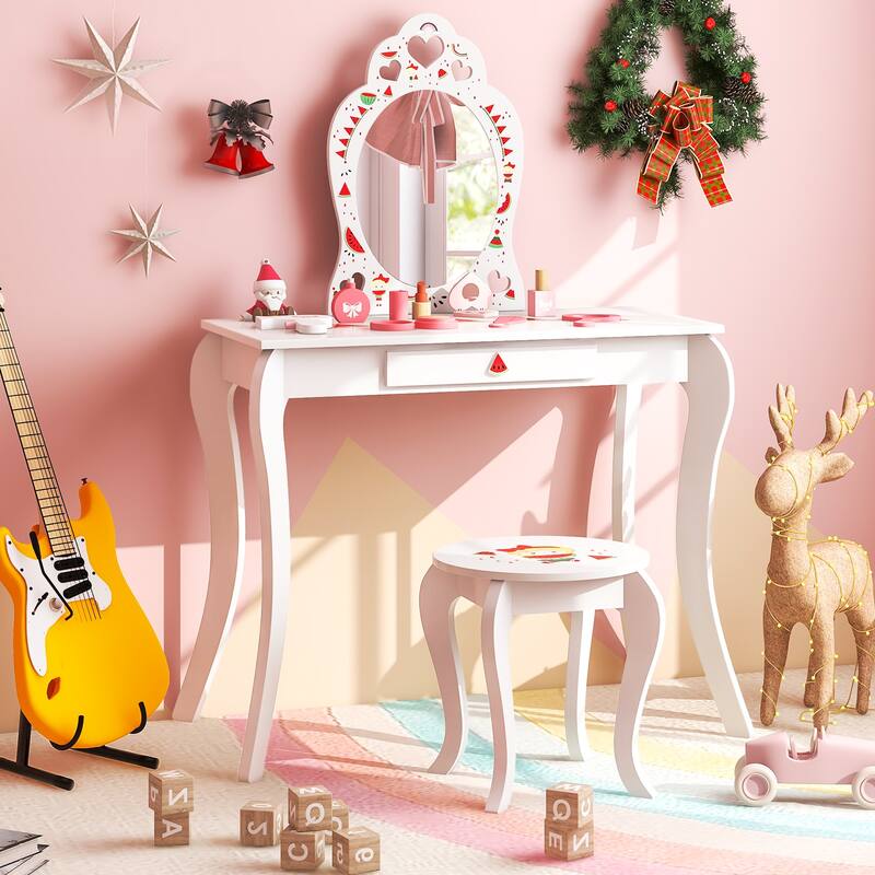 2 in 1 Children Pretend Makeup Vanity Set with Removable Mirror and Storage Drawer-White - 28.5"L x 14"W x 42"H
