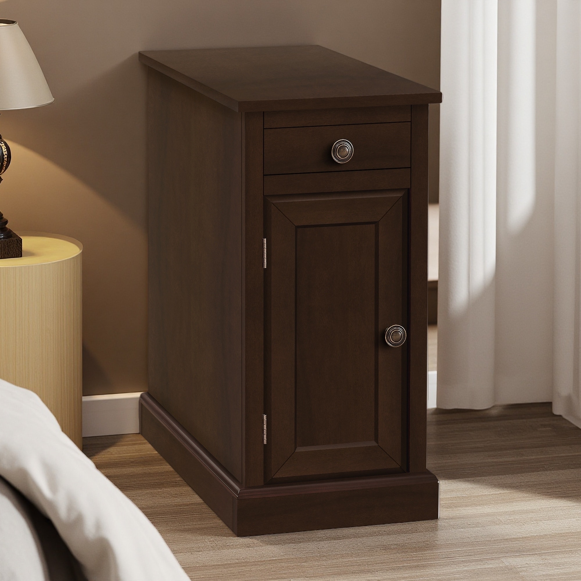 11.75"L Narrow Accent Table with Storage Drawer, Closed Cabinet, Easy-Clean Top, and Bronze Knobs - Nightstand for Bedroom