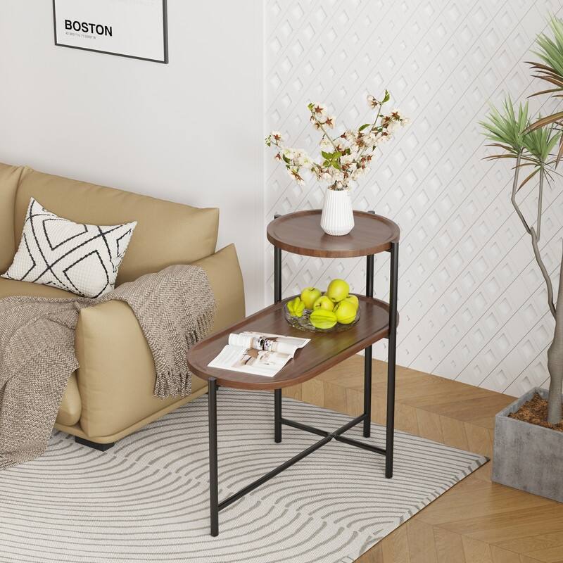 Round Coffee Table with Storage Tray 2 Tier Oval End Tables Wooden Small Side Table for Living Room