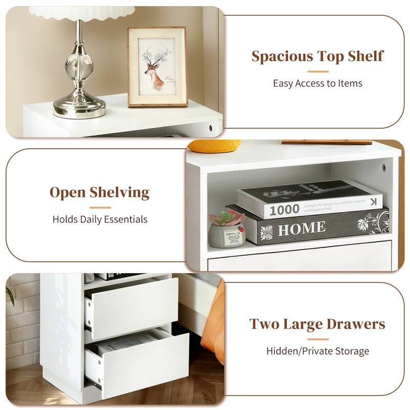 15.7" White Nightstand, P2 Particleboard, Matte Melamine, Beveled Drawer, 2 Drawers