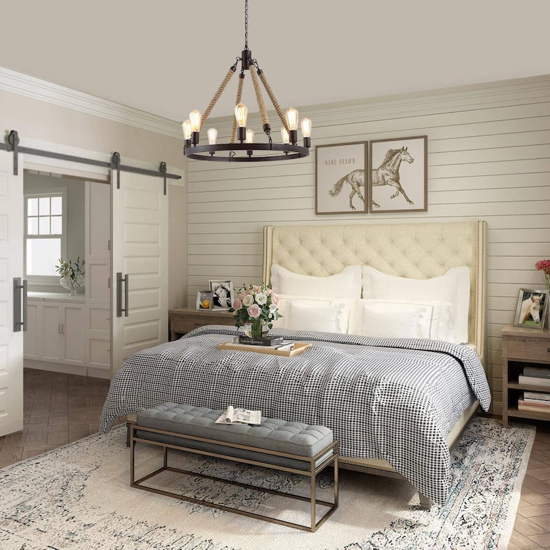 Modern Farmhouse 8-Light Wagon Wheel Chandelier for Dining Living Room - D 28" x H 26.5"