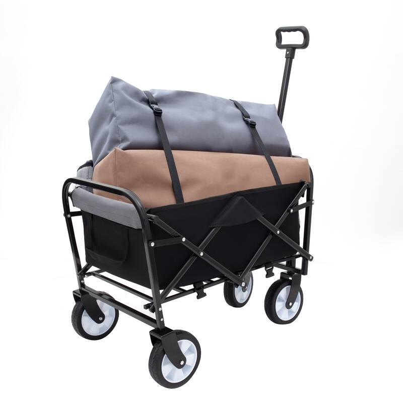 Collapsible Foldable Wagon Cart with strapping system Beach Wagon, Utility Cart for Camping Supports 225lbs - Black