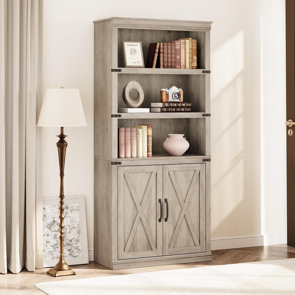 Book Shelf with Door, 5 Tier Wooden Book Case with Storage, 68.7"