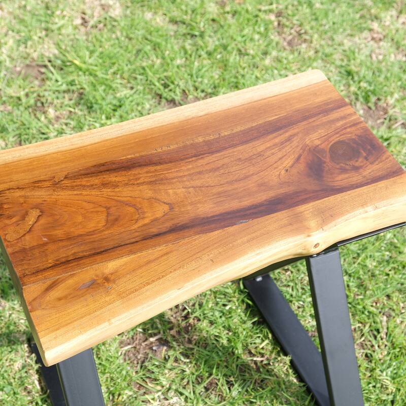 Greenage Pieced Teak Rectangle Bench Rustic Metal Seating Chair