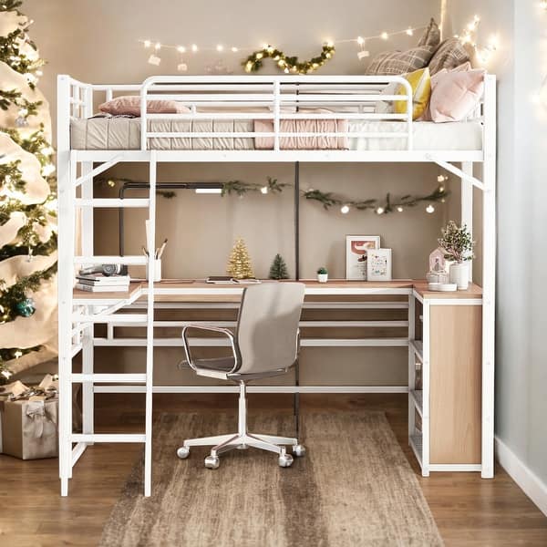 slide 2 of 13, Twin Size Metal Loft Bed with 3 Layers of Shelves and L-shaped Desk for Home