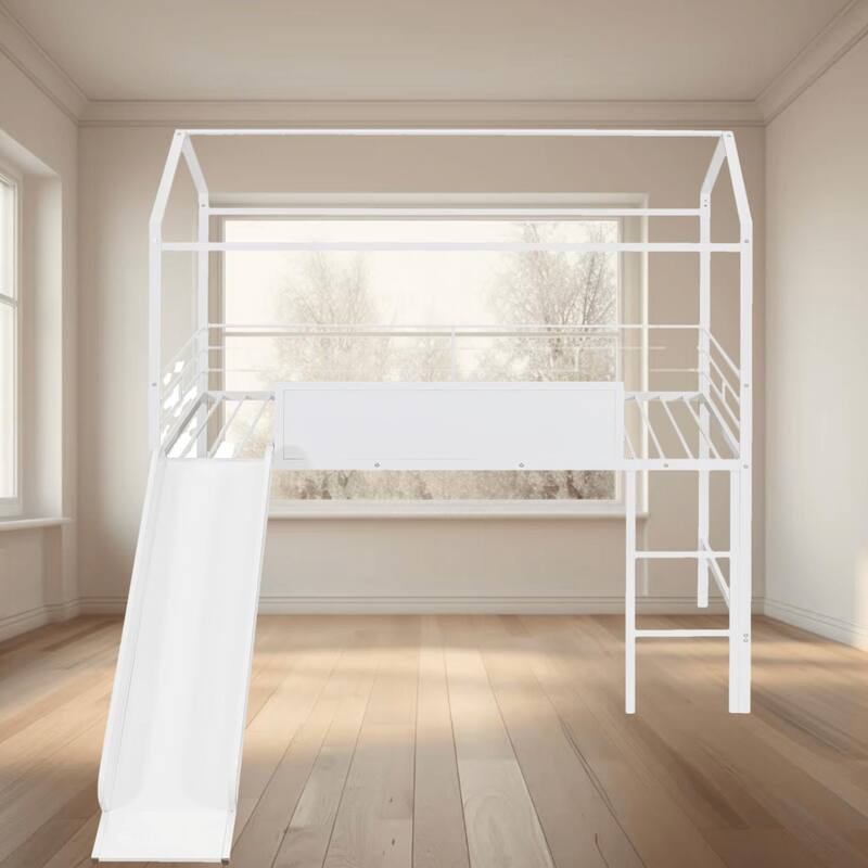 Twin Size Metal Loft House Shaped Platform Bed with Slide and Writable Wooden Board, Fun and Functional for Kids Bedrooms - White - Twin