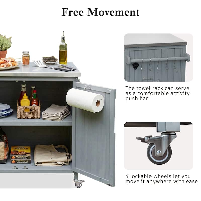 42.1" Outdoor Kitchen Island with Side Shelf, with Storage Cabinet, Outdoor Kitchen Cabinet, Adjustable Shelf and 4 Wheels