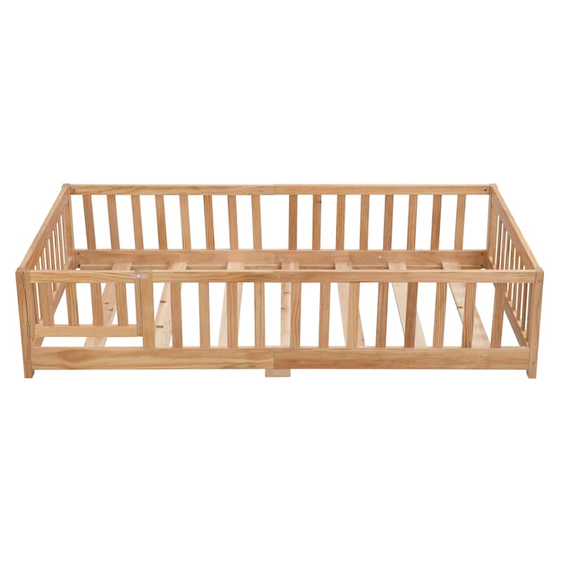 Solid Wood Platform Floor Bed with Safety Guardrails and Door for Children, Natural Pine Wood