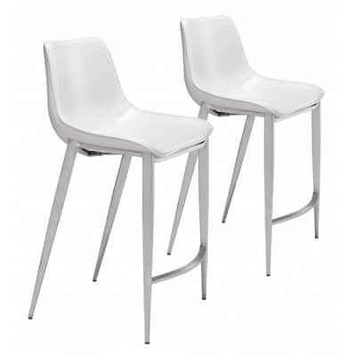 HomeRoots Set Of Two 40" White And Silver Steel Low Back Counter Height Bar Chairs With Footrest - 20.7