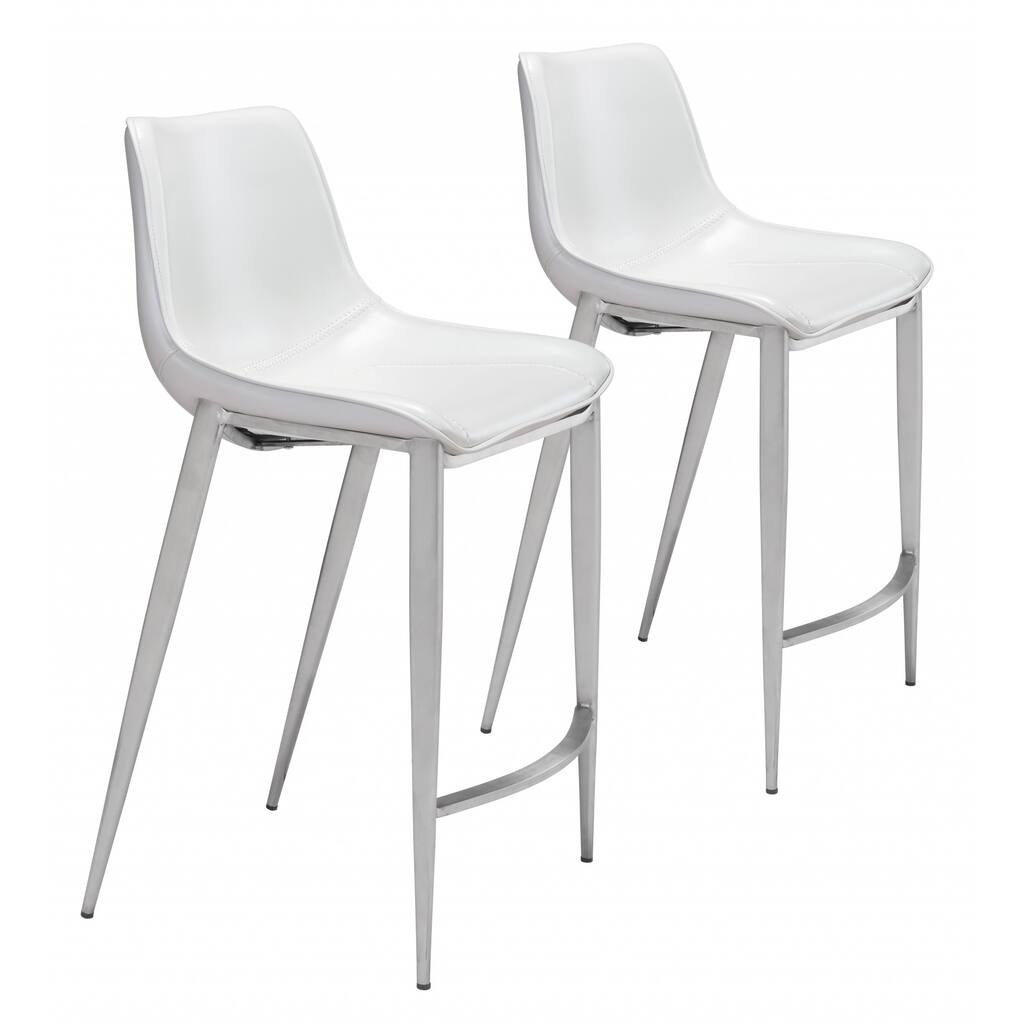 HomeRoots Set Of Two 40" White And Silver Steel Low Back Counter Height Bar Chairs With Footrest - 20.7