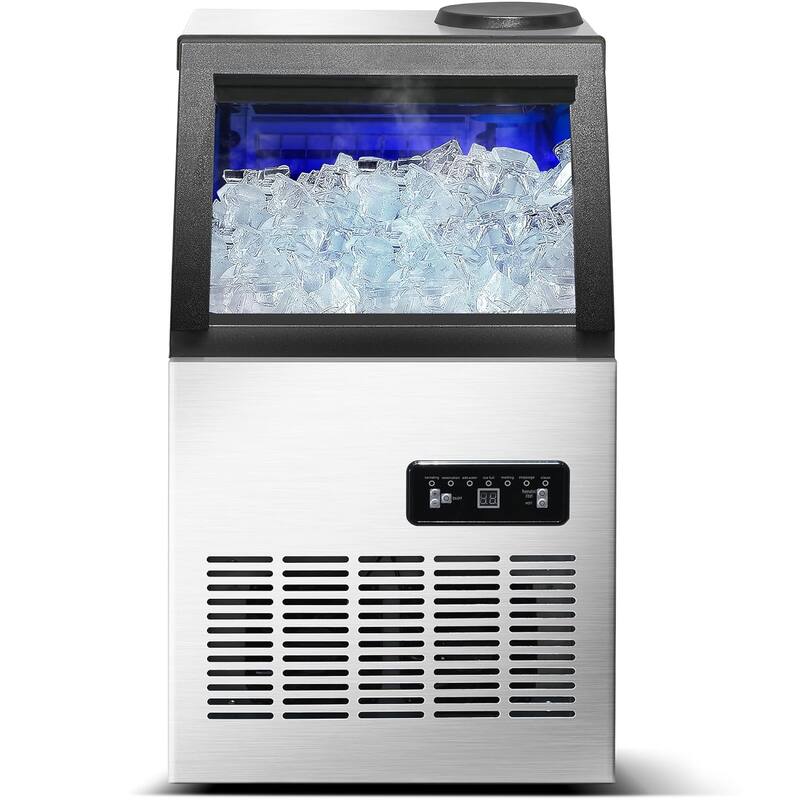 Commercial Ice Maker Machine 110LBS/24H Stainless Steel Freestanding 28LBS Storage Capacity Self-Cleaning 2 Water Inlet Modes