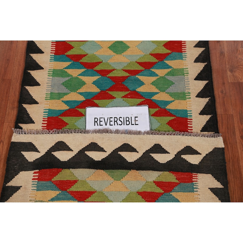 Hand Woven Oriental 100% Wool Carpet Southwestern Geometric Multi-Colored Kilim Runner Rug - 13' 0'' X 2' 8''