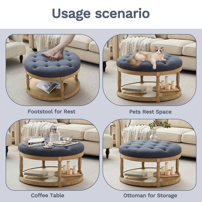 HUIMO 33in Round Upholstered Solid Wood Ottoman Coffee Table with Storage Shelf