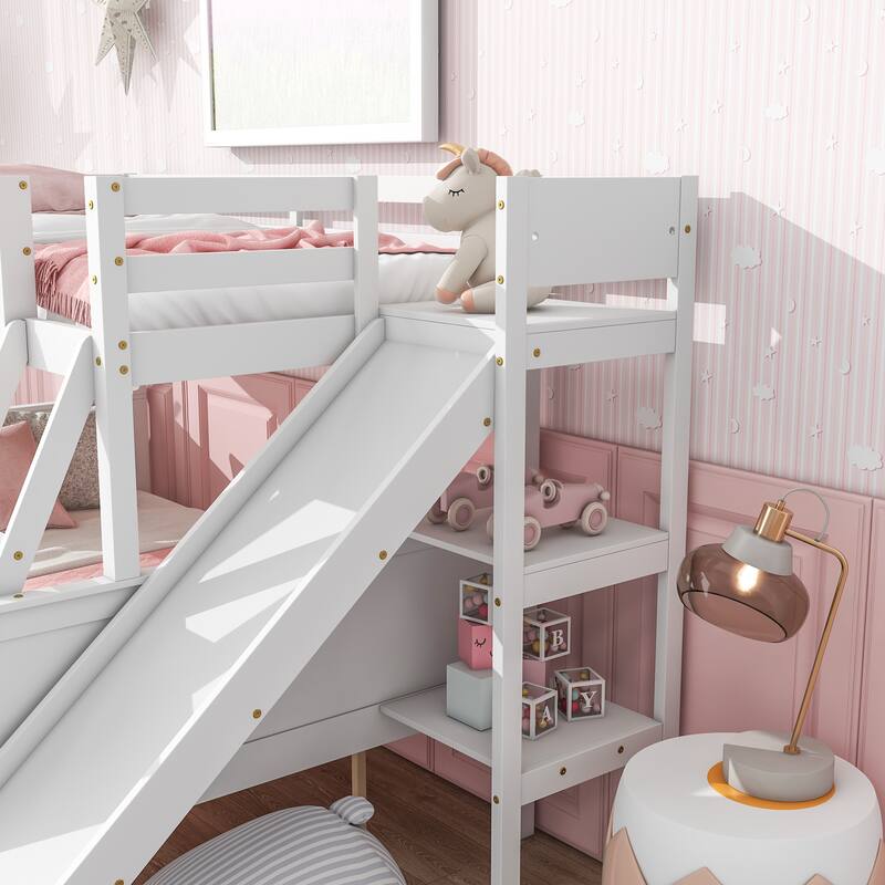 Twin over Full Bunk Bed with Slide, Drawers, Shelves, and Ladder