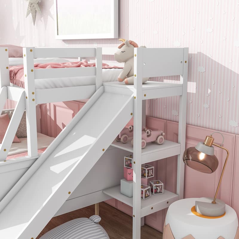 Twin over Full Storage Bunk Bed with 2 Drawers, Shelves, Slide and Ladder, Wooden Low Bunk Bed Frame, Rubber Wood Kids Bunk Bed
